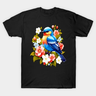 Cute Blue Bird Surrounded by Bold Vibrant Spring Flowers T-Shirt